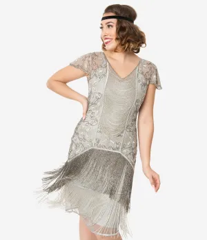 1920s Style Silver Beaded Edith Flapper Dress