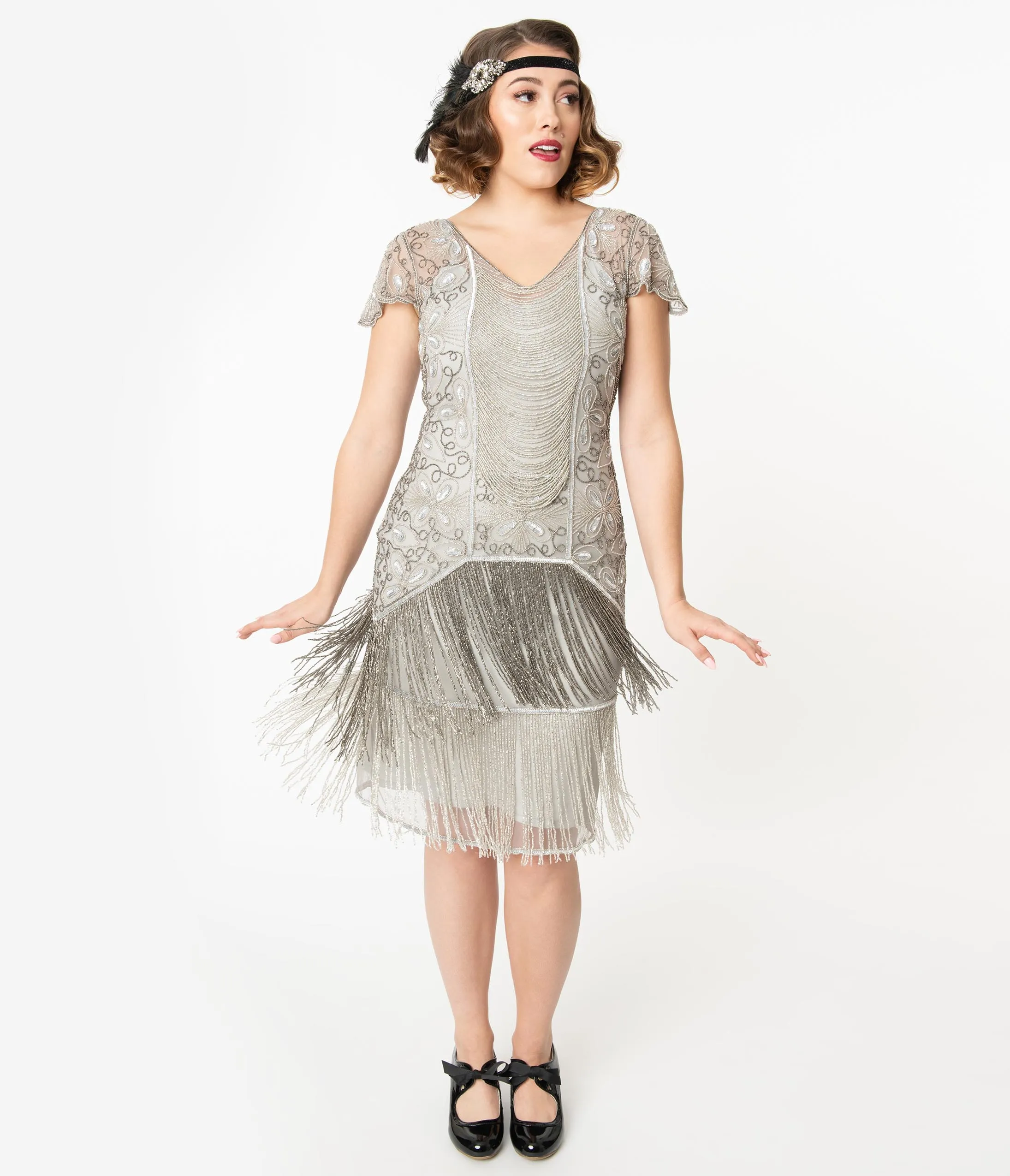 1920s Style Silver Beaded Edith Flapper Dress
