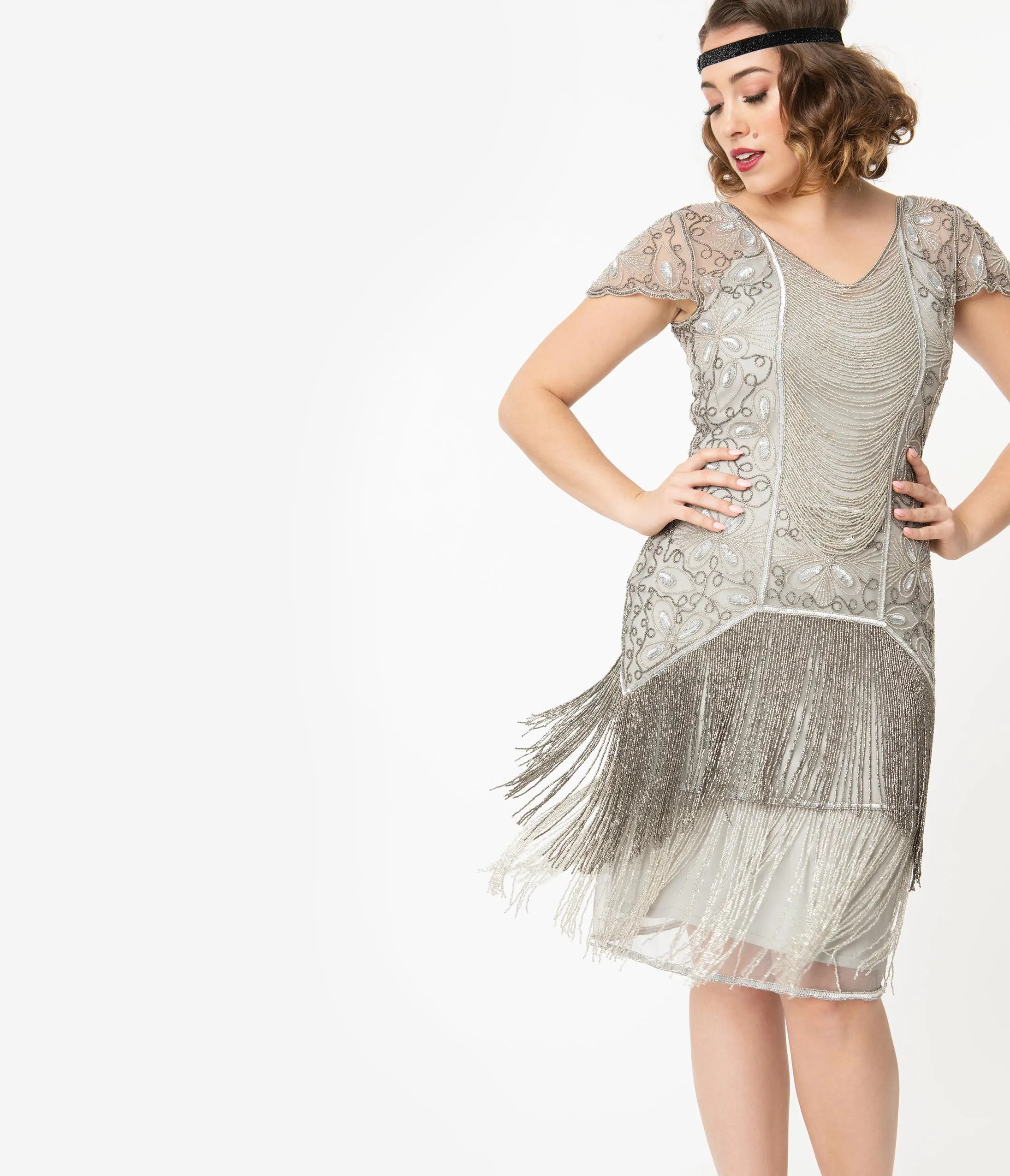 1920s Style Silver Beaded Edith Flapper Dress