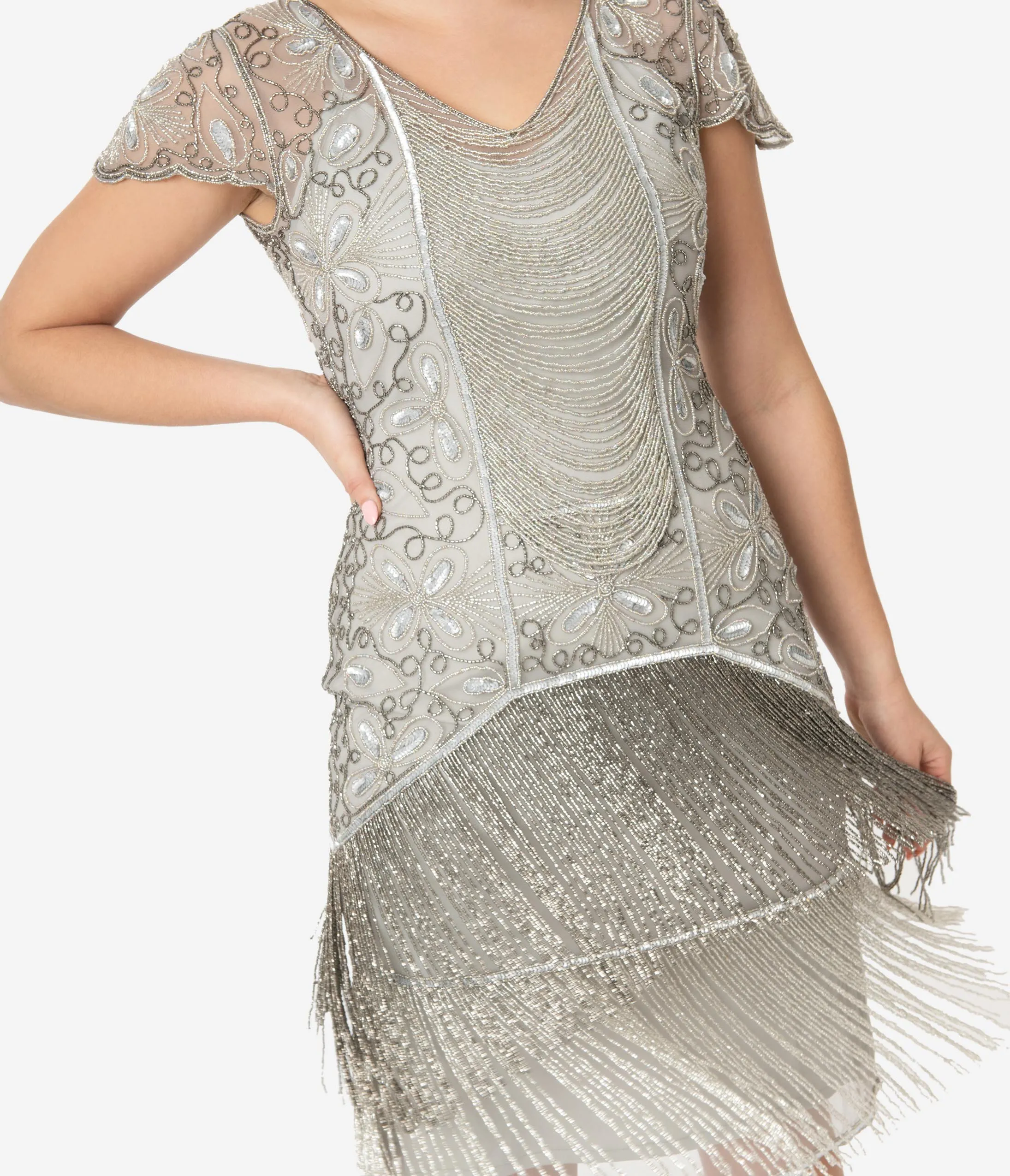 1920s Style Silver Beaded Edith Flapper Dress