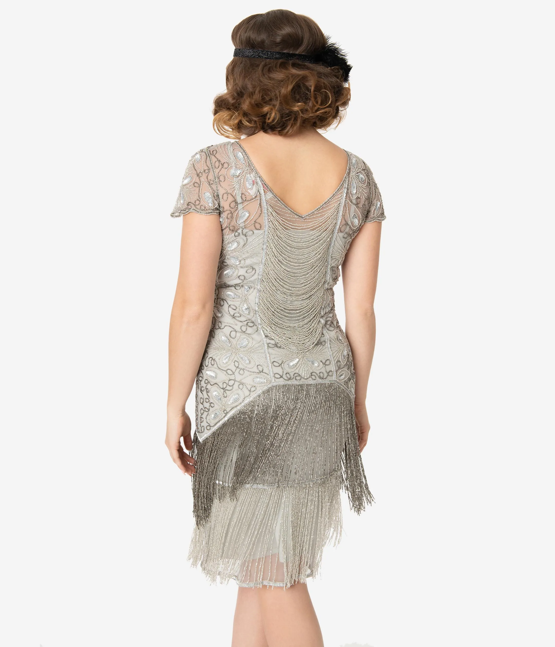 1920s Style Silver Beaded Edith Flapper Dress