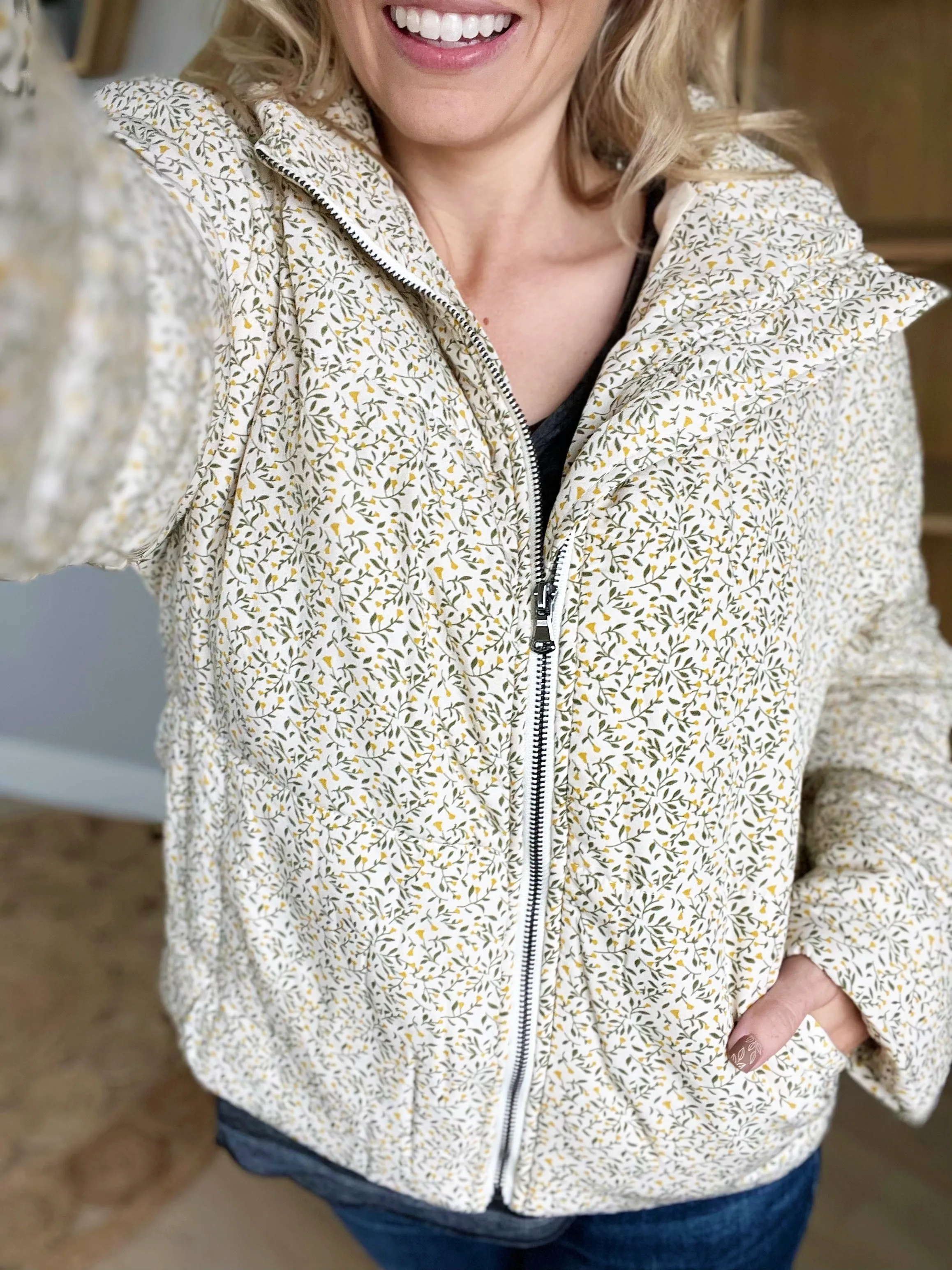 A Night Out Floral Puffer Jacket in Sand