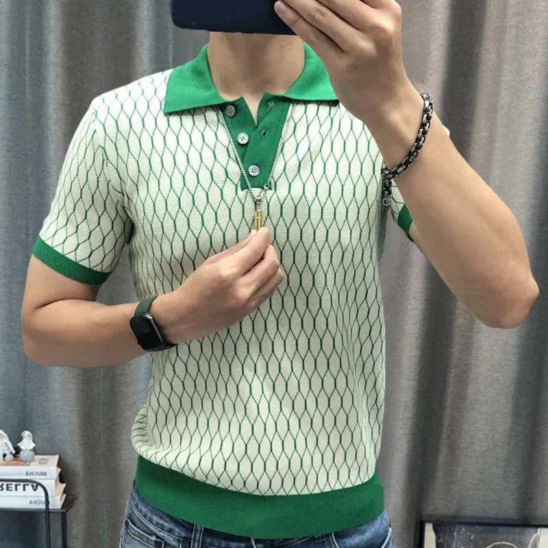 Aidase Summer Men Short Sleeve Polo Shirts High Quality Geometric Contrast Tee Tops Business Men Casual Lapel Splicing T-shirts