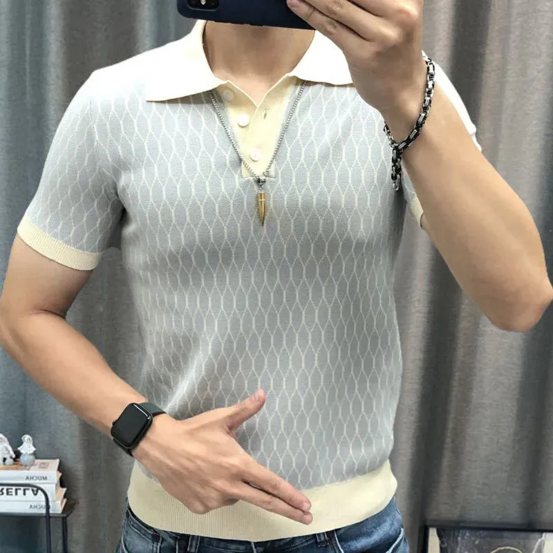 Aidase Summer Men Short Sleeve Polo Shirts High Quality Geometric Contrast Tee Tops Business Men Casual Lapel Splicing T-shirts