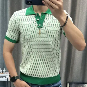 Aidase Summer Men Short Sleeve Polo Shirts High Quality Geometric Contrast Tee Tops Business Men Casual Lapel Splicing T-shirts