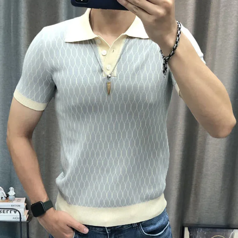 Aidase Summer Men Short Sleeve Polo Shirts High Quality Geometric Contrast Tee Tops Business Men Casual Lapel Splicing T-shirts