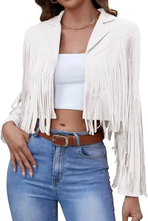 American Trends Womens Casual Faux Leather Jacket Fringe Tops Tassel Suede Cropped Coats Motorcycle Jacket
