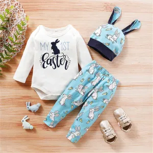 Baby Rabbit Cartoon Printed Long-sleeve Romper & Pants & Hat