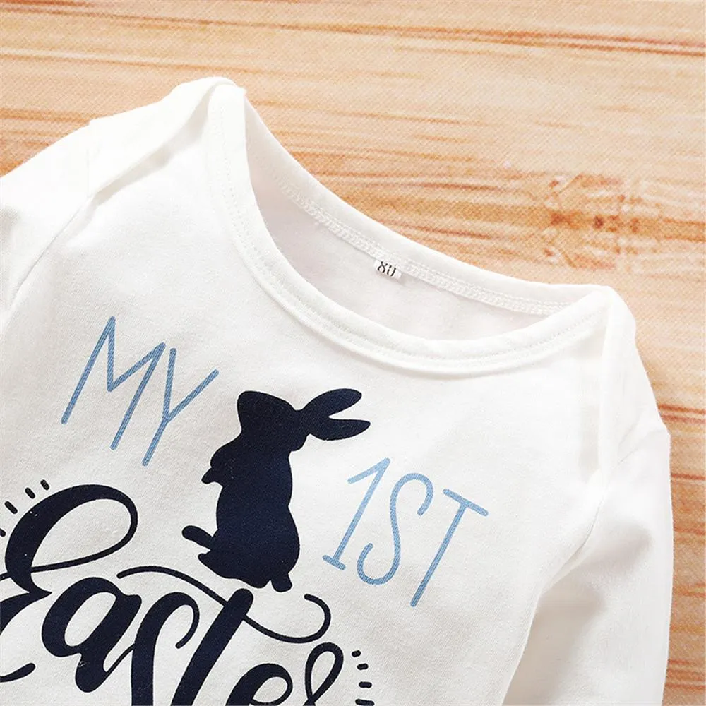 Baby Rabbit Cartoon Printed Long-sleeve Romper & Pants & Hat