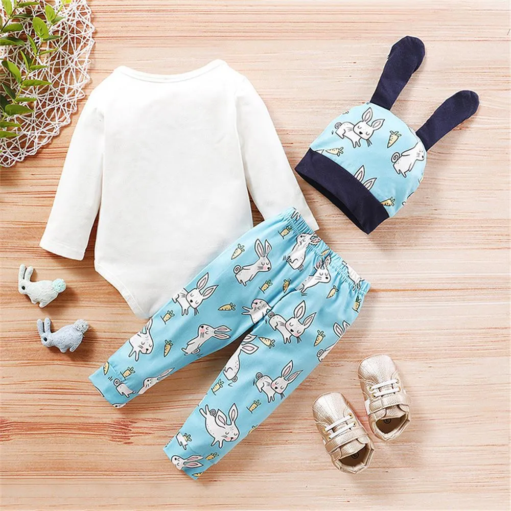 Baby Rabbit Cartoon Printed Long-sleeve Romper & Pants & Hat