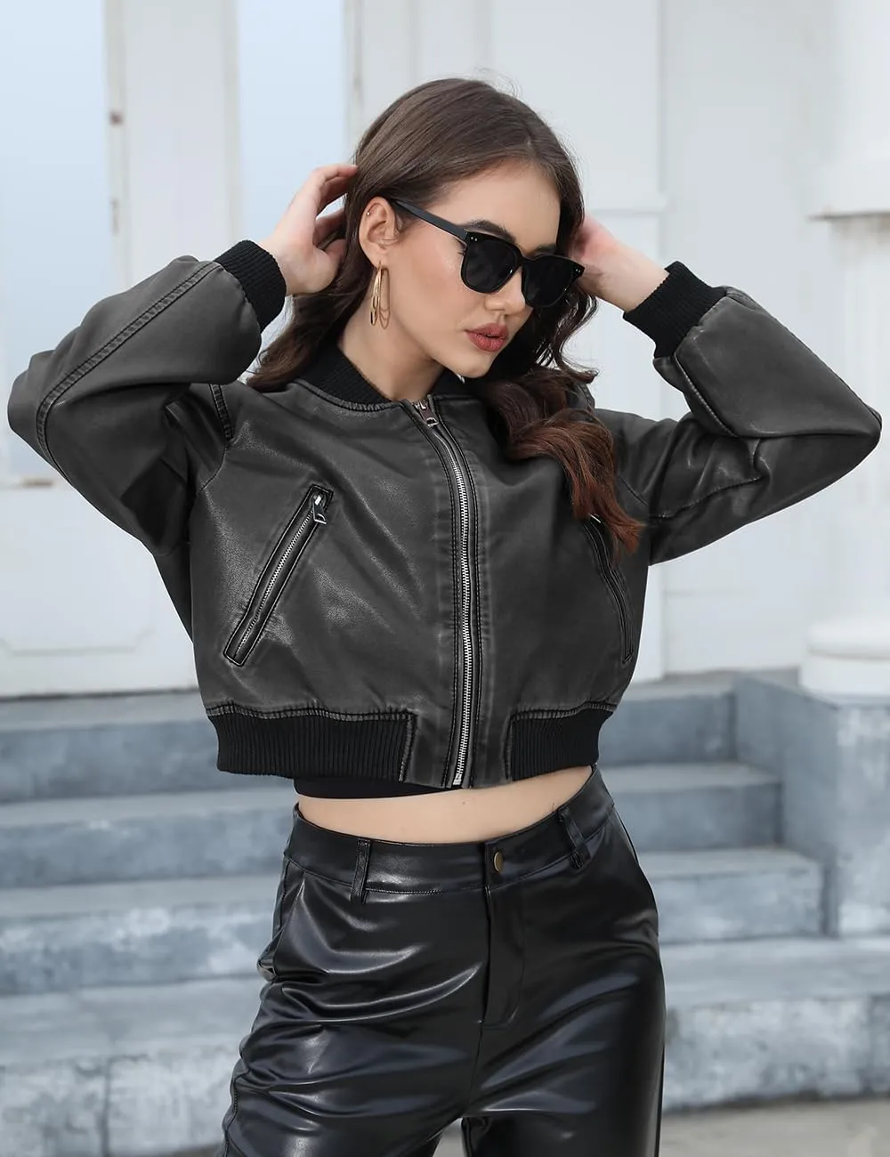 Bellivera Women's Cropped Faux Leather Jacket Bomber Casual Zip Up Coat PU Moto Bike Outwear with Pockets