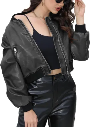 Bellivera Women's Cropped Faux Leather Jacket Bomber Casual Zip Up Coat PU Moto Bike Outwear with Pockets