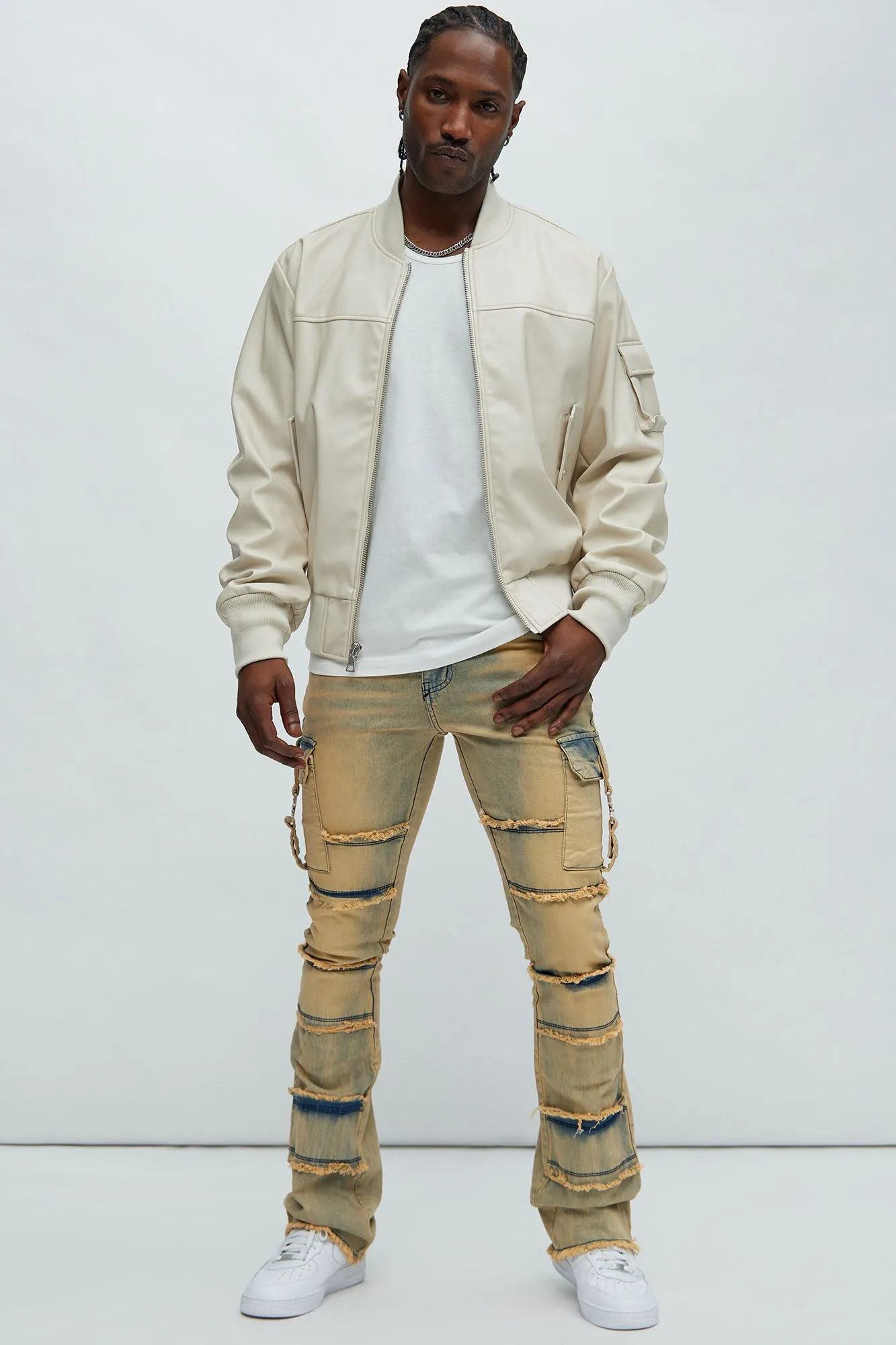 Birmingham Faux Leather Bomber Jacket - Off White