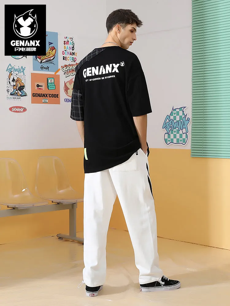 Black and white Striped Print Elastic Rope Ankle-leg Cotton Casual Pants