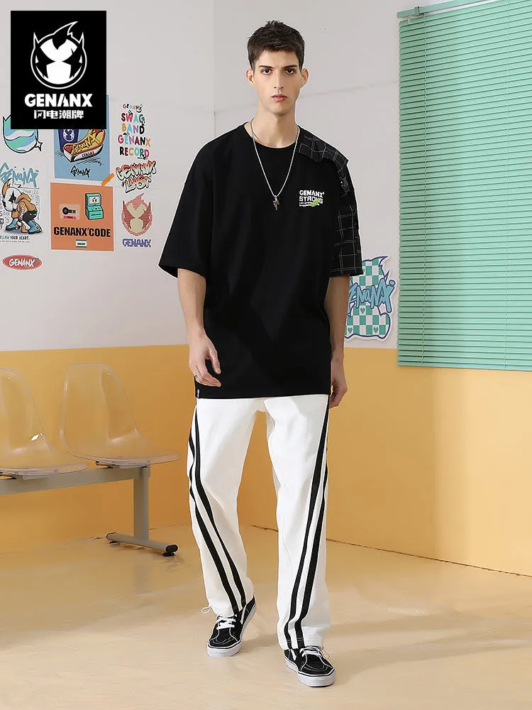 Black and white Striped Print Elastic Rope Ankle-leg Cotton Casual Pants