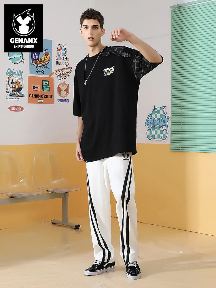 Black and white Striped Print Elastic Rope Ankle-leg Cotton Casual Pants