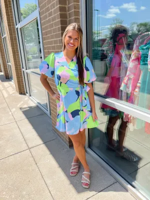 Blue/Green Puff Slv Wrapped Mini Dress