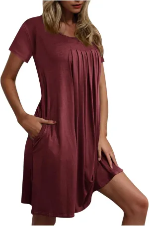 Borniu Women's Summer Casual T Shirt Dresses Short Sleeve Swing Dress with Pocket Fashion Casual Beach Vacation Mini Dresses