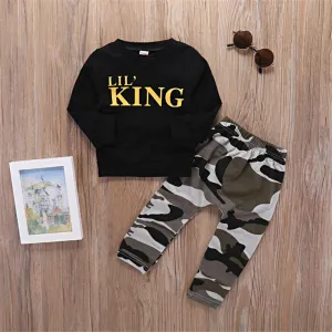 Boys Long Sleeve Letter Black Jumper & Camo Pants