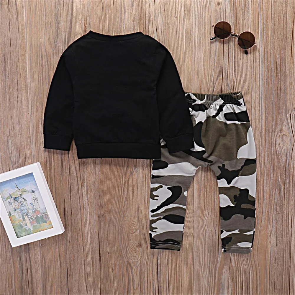 Boys Long Sleeve Letter Black Jumper & Camo Pants