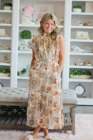 Brown Floral Midi Dress