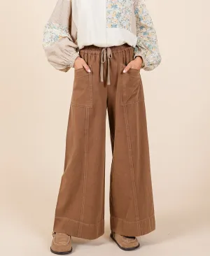 Brown Mineral Wash Wide Leg Pants
