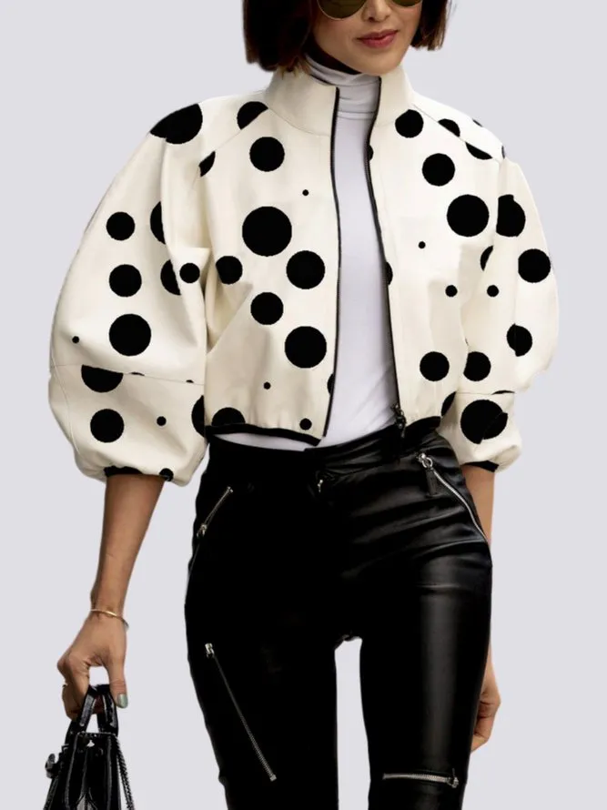 Chicmy-Urban Puff Sleeves Loose Polka Dot Stand Collar Jackets