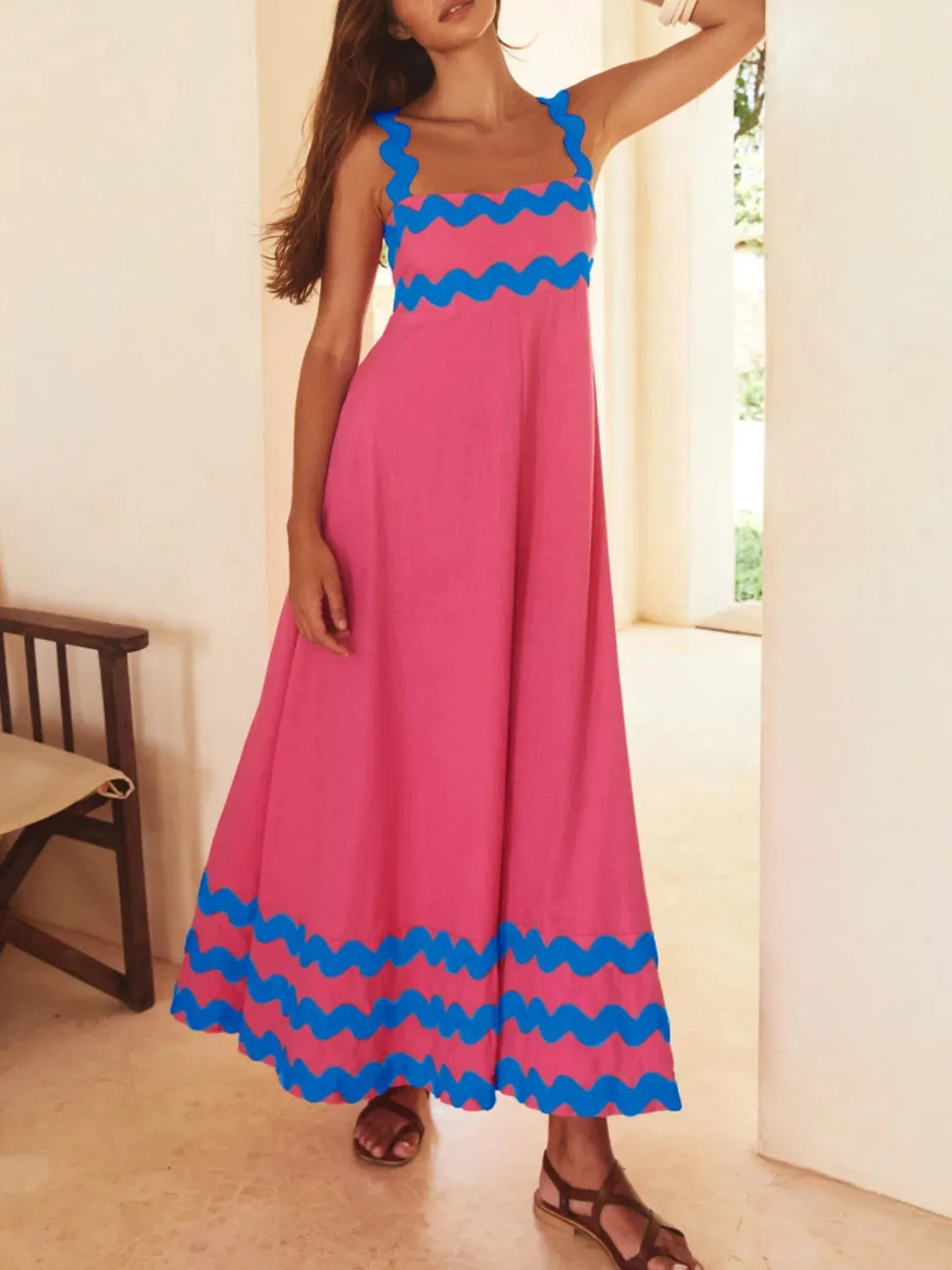 Contrast Trim Square Neck Maxi Cami Dress