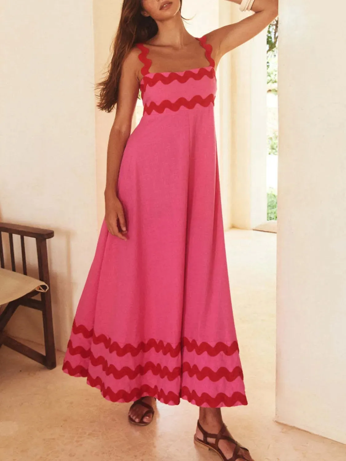 Contrast Trim Square Neck Maxi Cami Dress