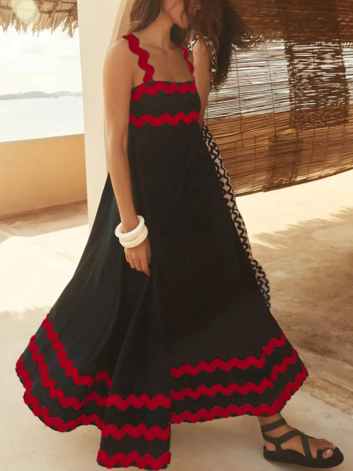Contrast Trim Square Neck Maxi Cami Dress