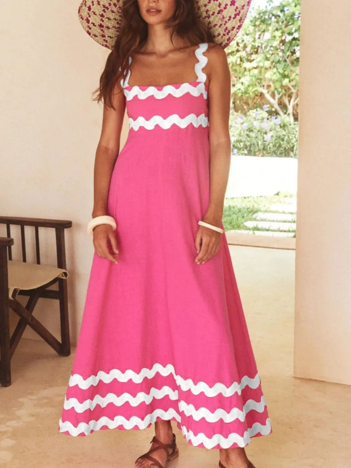 Contrast Trim Square Neck Maxi Cami Dress
