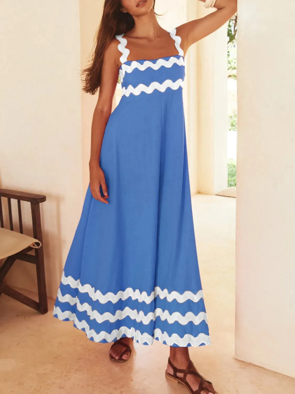 Contrast Trim Square Neck Maxi Cami Dress