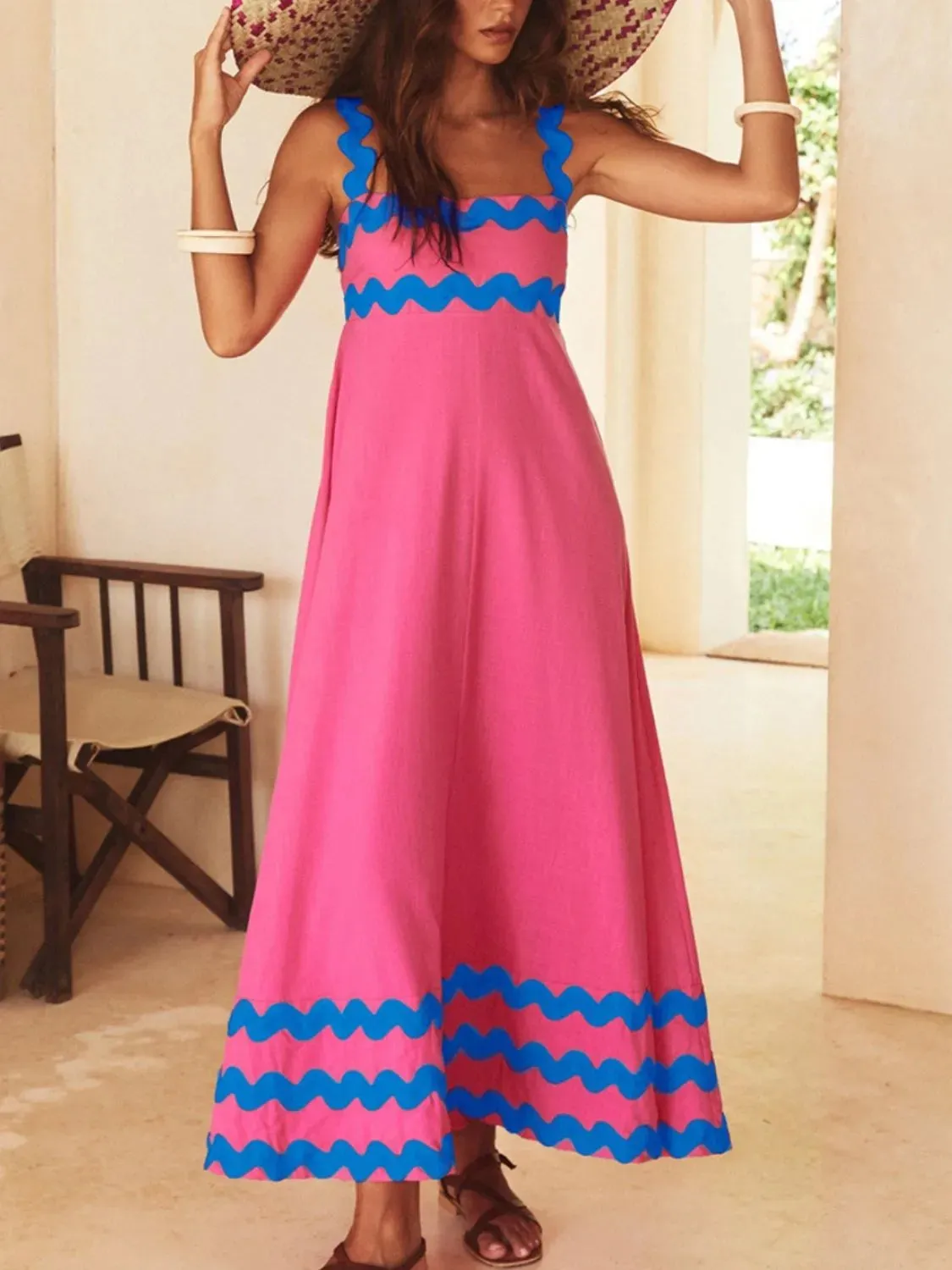 Contrast Trim Square Neck Maxi Cami Dress