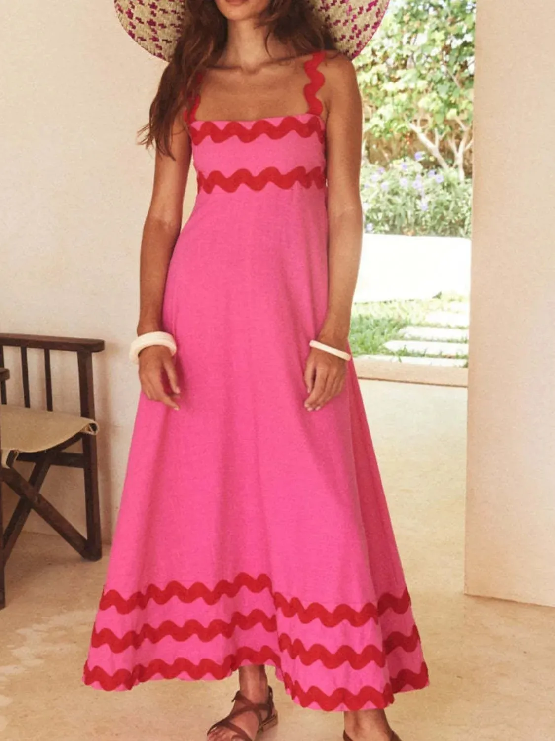 Contrast Trim Square Neck Maxi Cami Dress