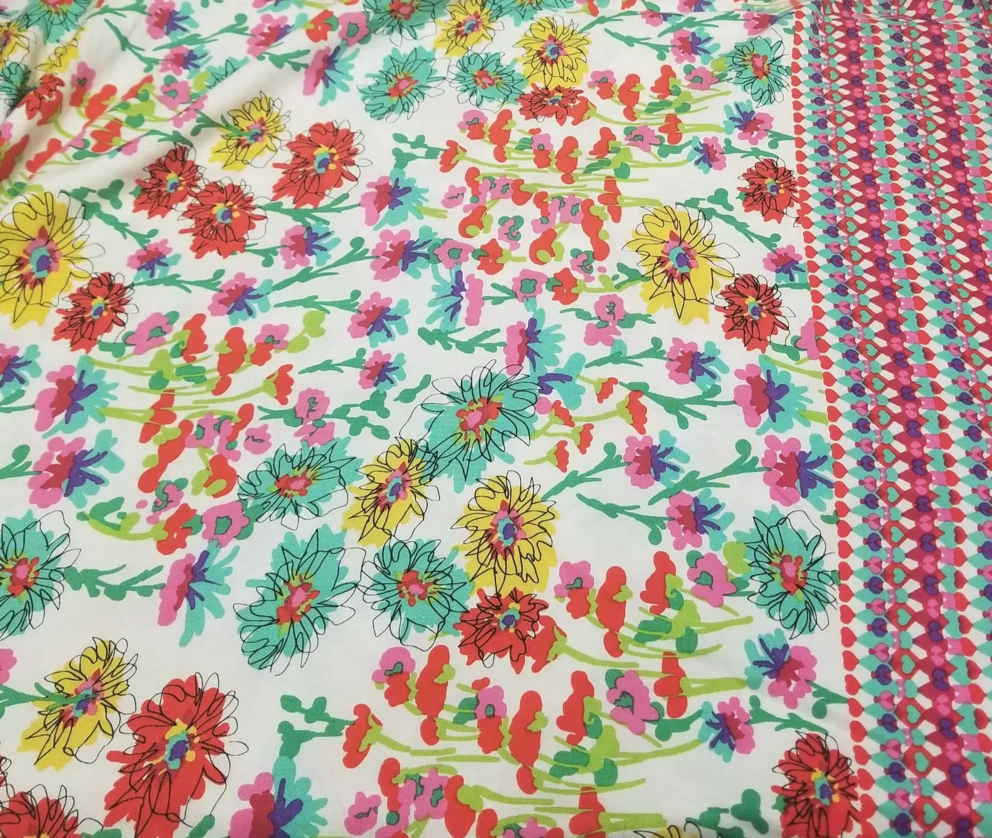 End of Bolt: 2-1/4th yards of Designer Deadstock Floral Double Border Rayon Challis Woven-remnant