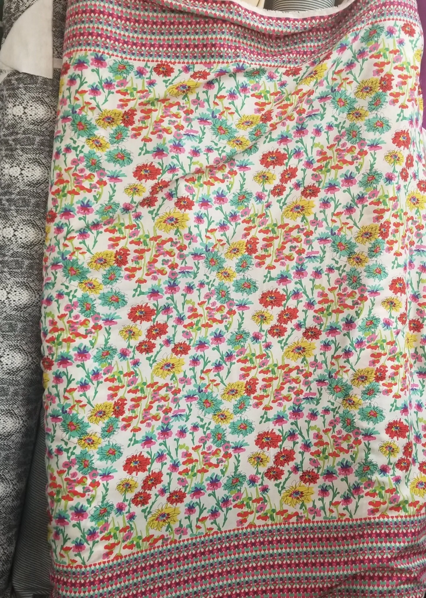 End of Bolt: 2-1/4th yards of Designer Deadstock Floral Double Border Rayon Challis Woven-remnant