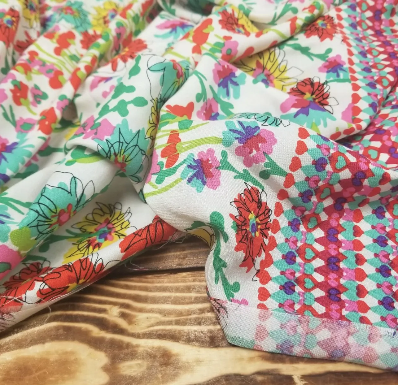 End of Bolt: 2-1/4th yards of Designer Deadstock Floral Double Border Rayon Challis Woven-remnant