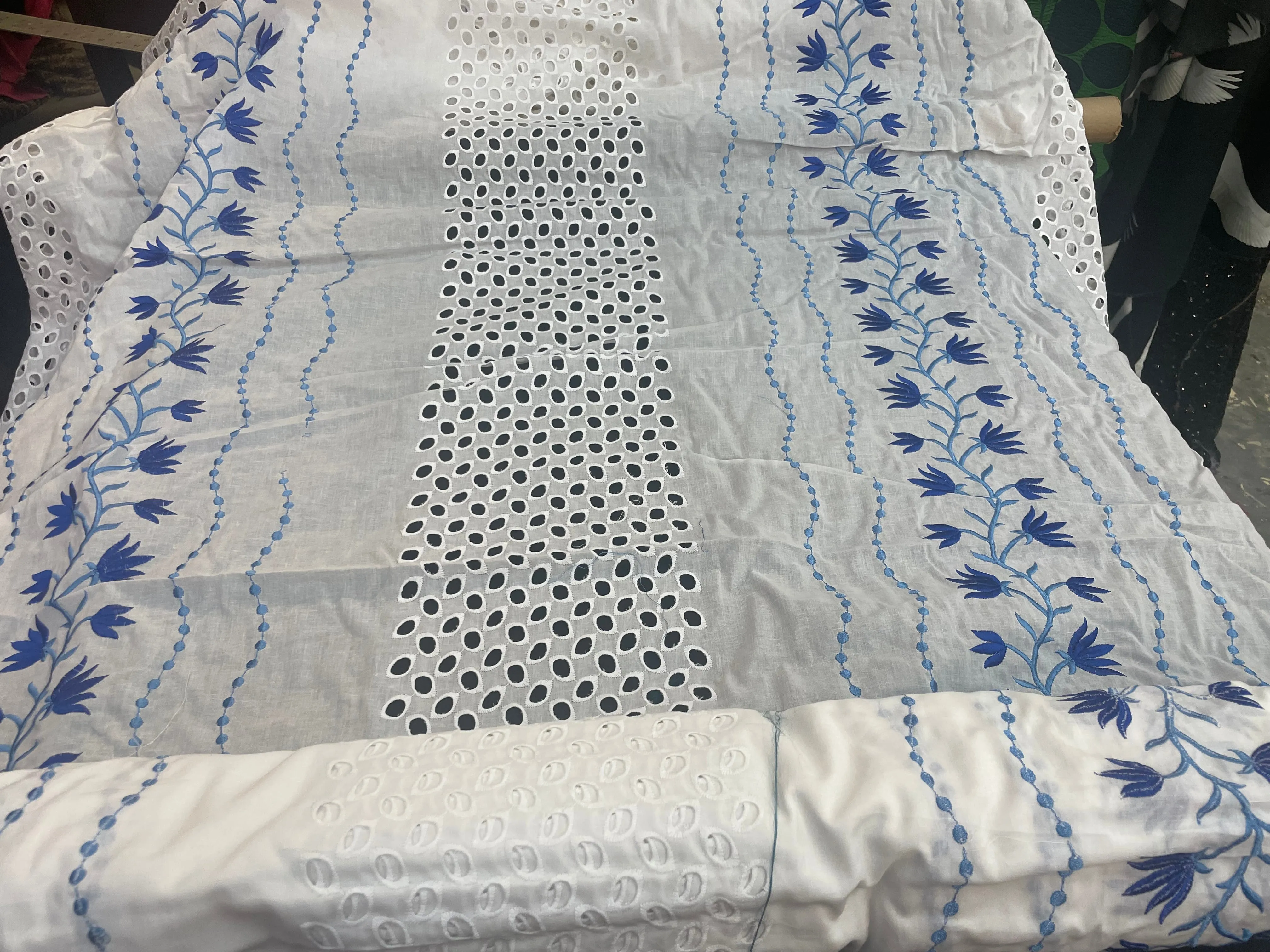 Eyelet & Floral Vine Embroidered Cotton - White & Blue