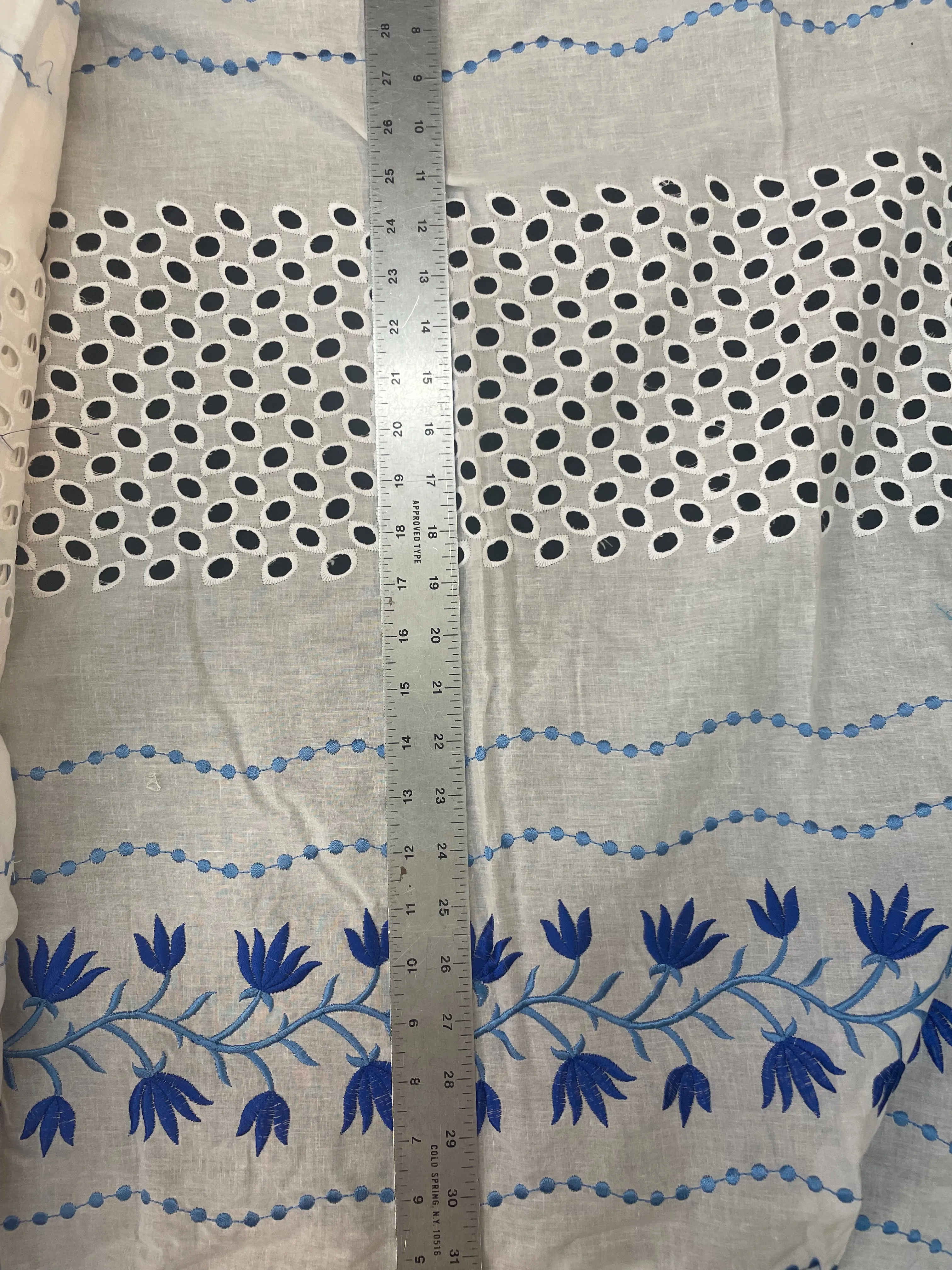Eyelet & Floral Vine Embroidered Cotton - White & Blue