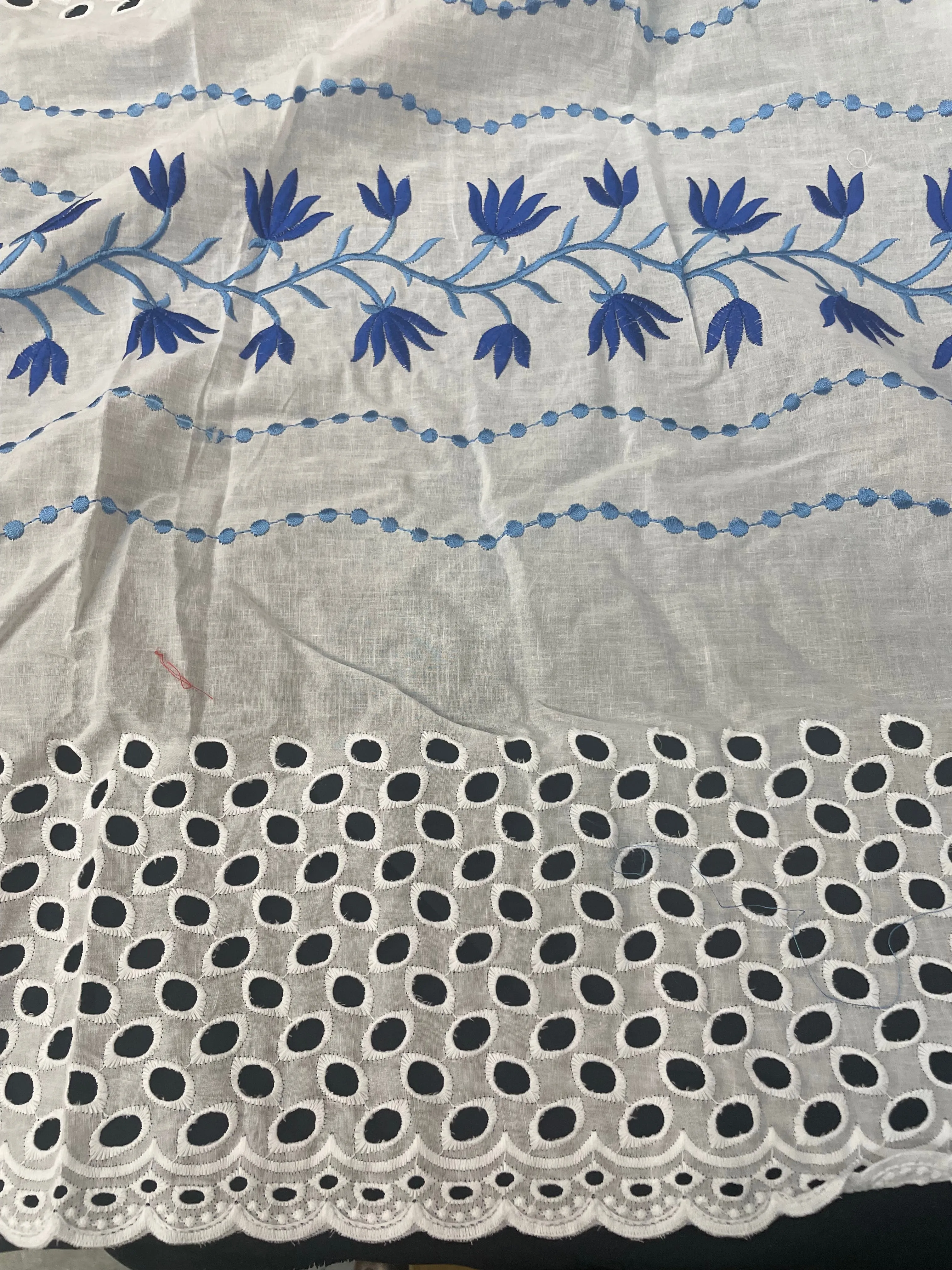 Eyelet & Floral Vine Embroidered Cotton - White & Blue