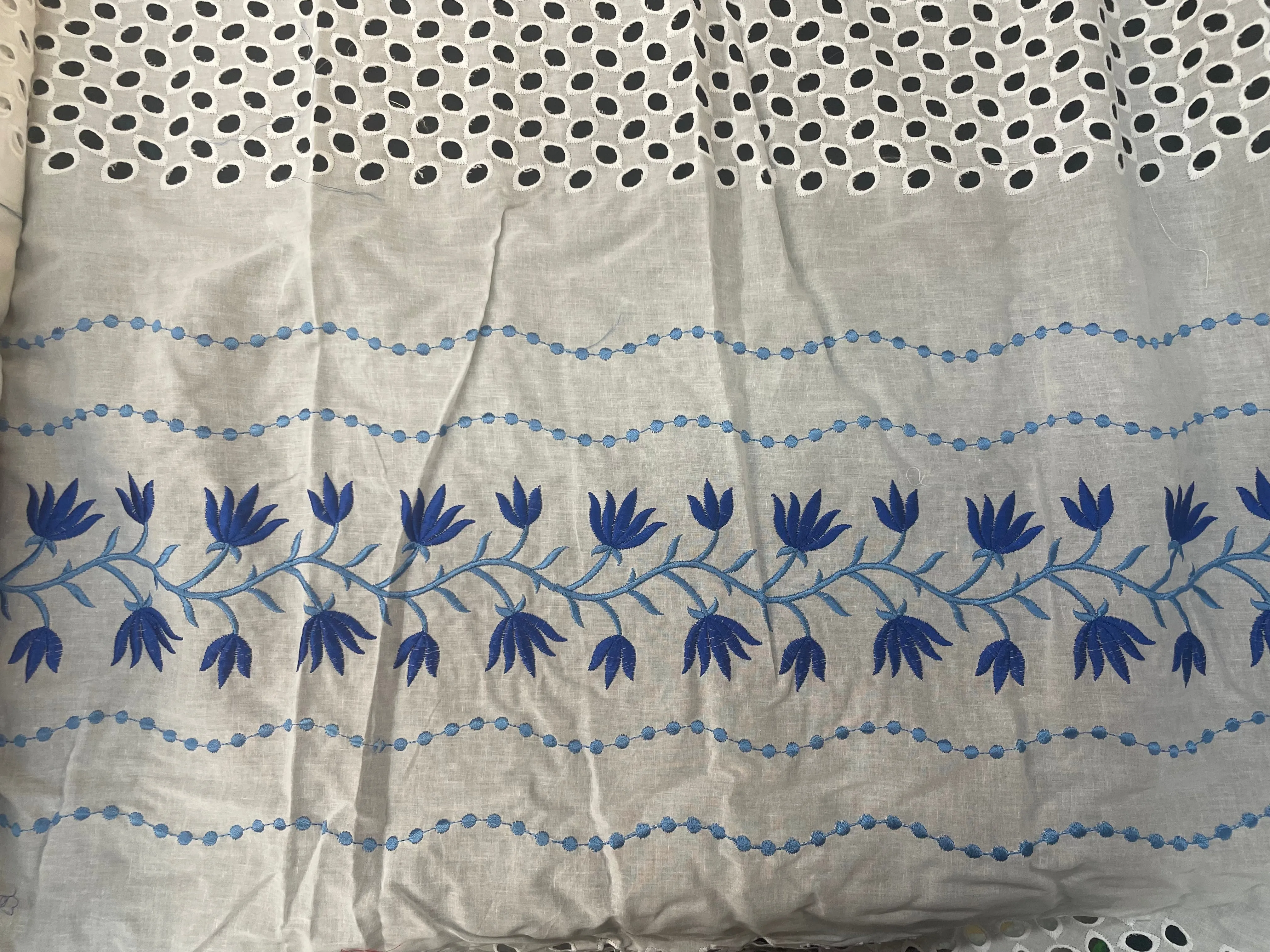Eyelet & Floral Vine Embroidered Cotton - White & Blue