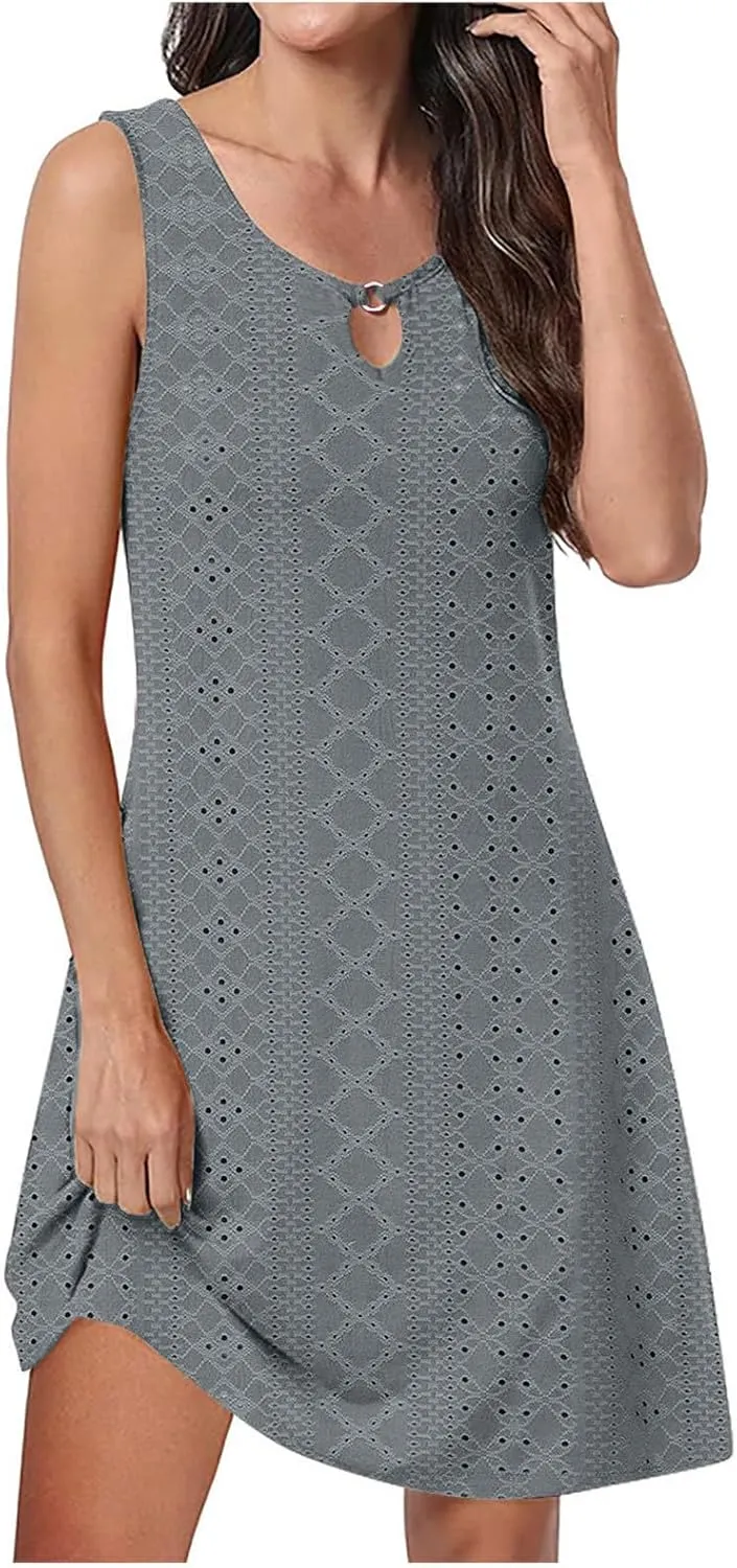 Eyelet Dress for Women, Summer Dresses 2025, Casual Vacation Beach Short Midi Beach Sundresses, Sleeveless Tank Dress