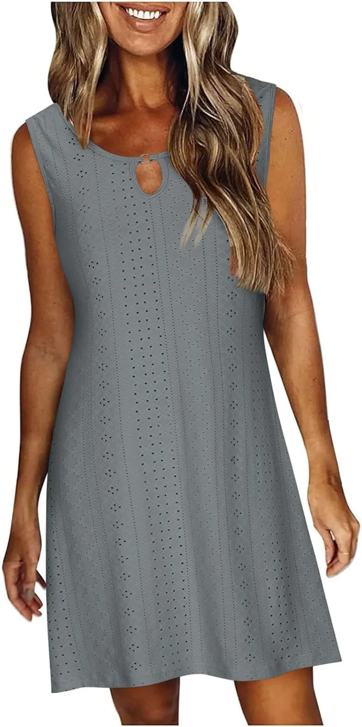 Eyelet Dress for Women, Summer Dresses 2025, Casual Vacation Beach Short Midi Beach Sundresses, Sleeveless Tank Dress