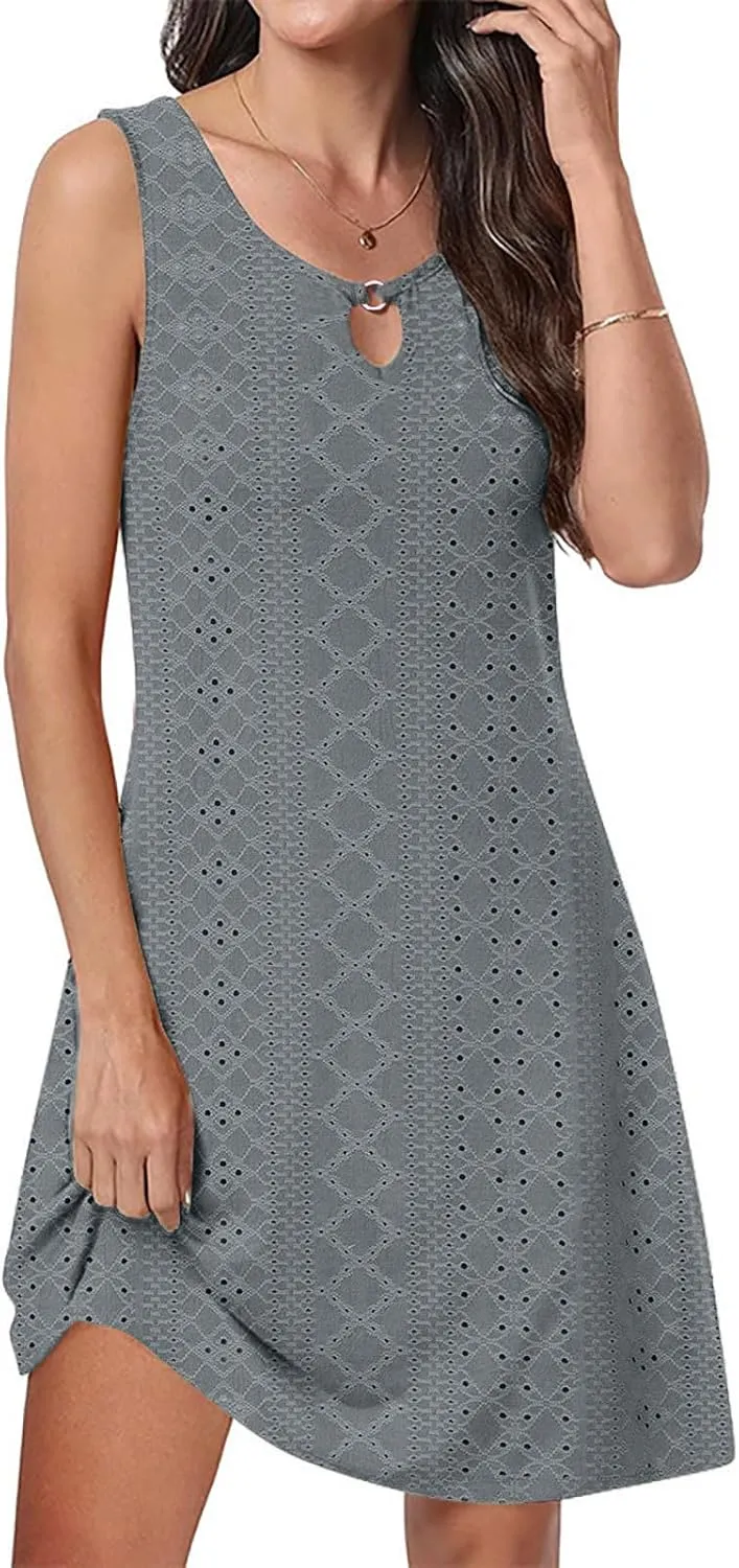 Eyelet Dress for Women, Summer Dresses 2025, Casual Vacation Beach Short Midi Beach Sundresses, Sleeveless Tank Dress