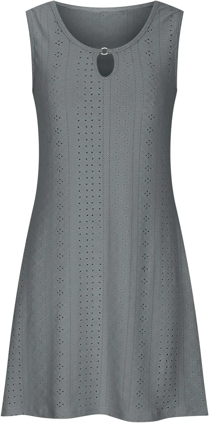 Eyelet Dress for Women, Summer Dresses 2025, Casual Vacation Beach Short Midi Beach Sundresses, Sleeveless Tank Dress