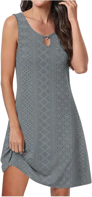 Eyelet Dress for Women, Summer Dresses 2025, Casual Vacation Beach Short Midi Beach Sundresses, Sleeveless Tank Dress