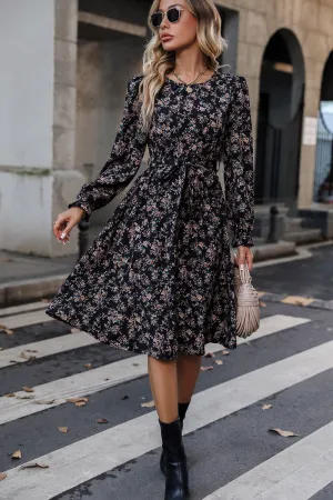 Floral Printed Long Sleeve Dress Pattern Round Neck Flounce Sleeves Women's Fashion
