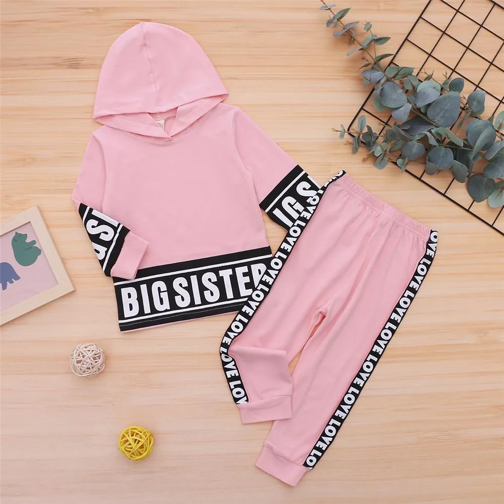 Girls Big Sister Printed Long Sleeve Hooded Top & Pants Girls Clothing Wholesalers
