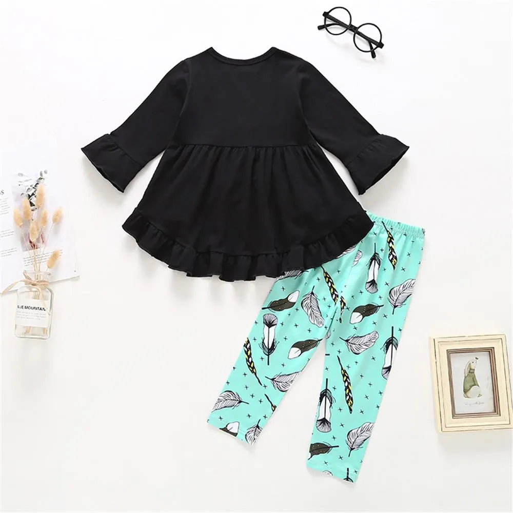 Girls Solid Ruffle Long Sleeve Top & Printed Pants