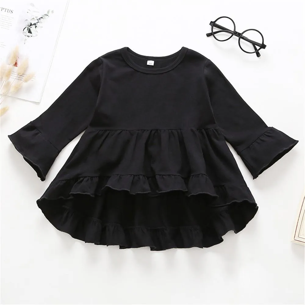 Girls Solid Ruffle Long Sleeve Top & Printed Pants